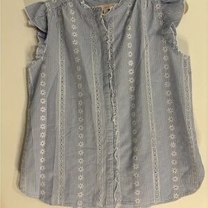 LOFT Blue and White Striped Ruffle Blouse